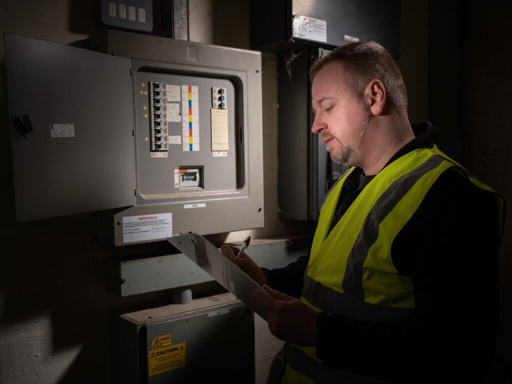 Electronic fire and security worker checking wiring