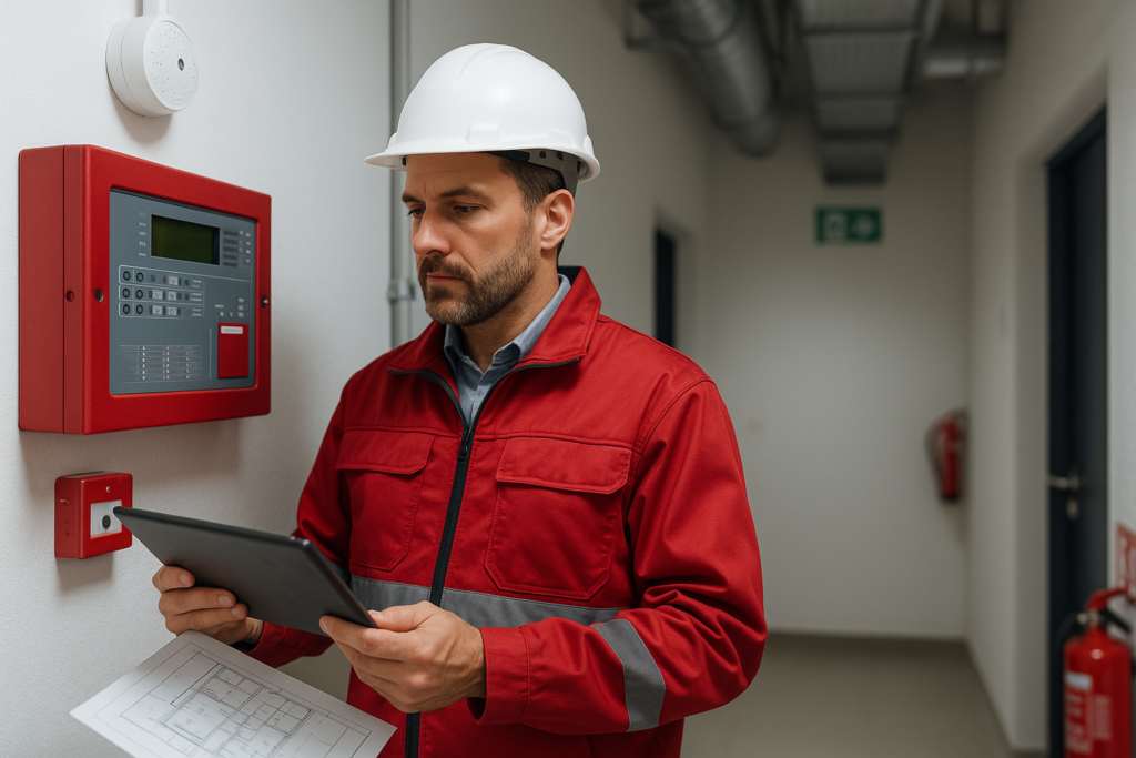 Fire safety engineer inspecting panel